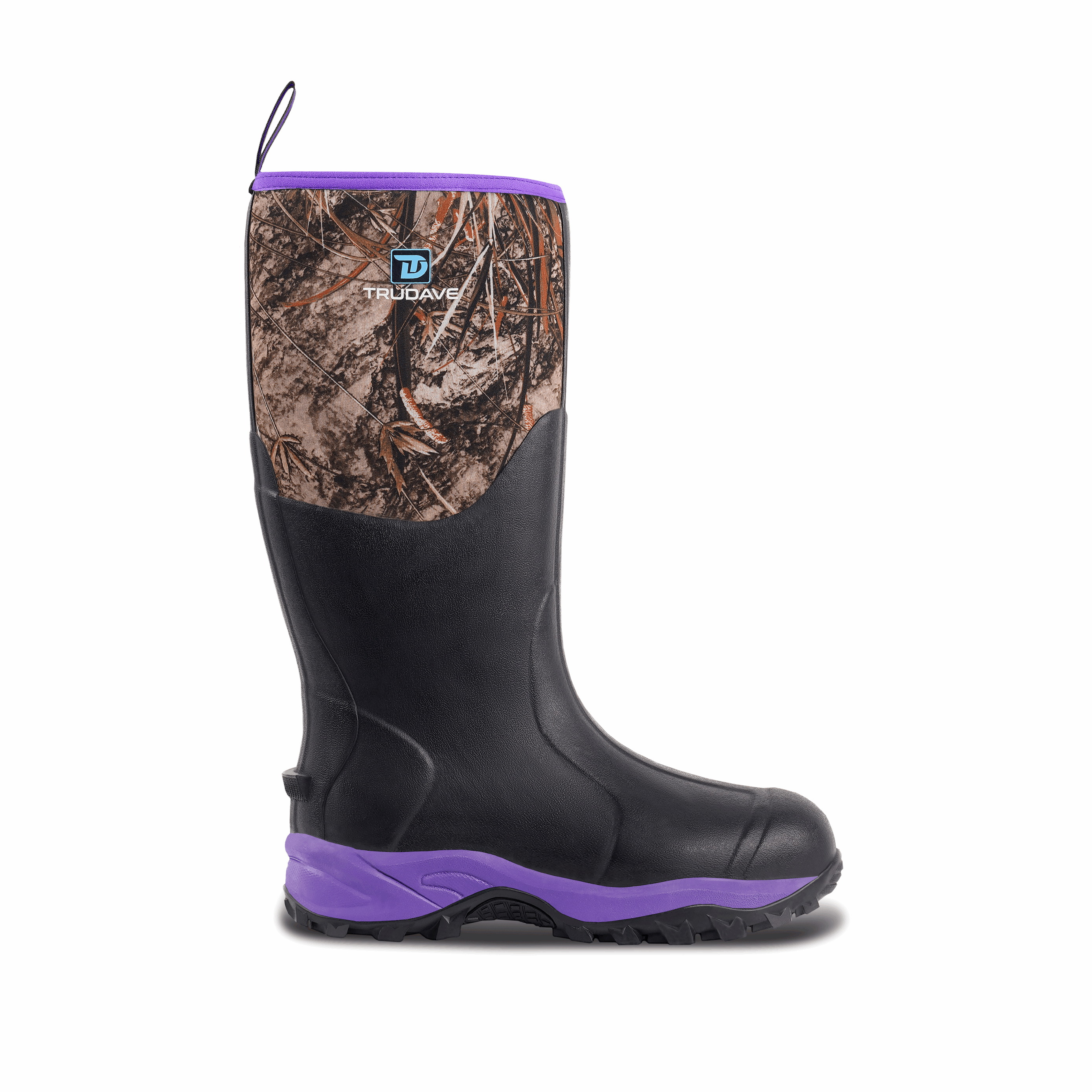Side view of Trudave HeatHold Series women’s tall waterproof insulated rubber boots in purple camo showing durable waterproof shell and warm lining for rain and garden use